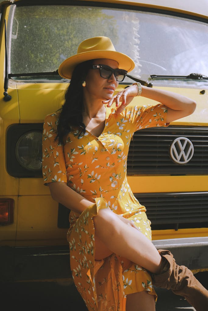 Woman in Yellow Dress with Yellow Car